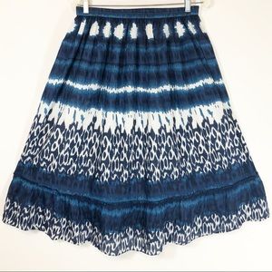 Boho tie-dye skirt, blue & white gathered ruffle M